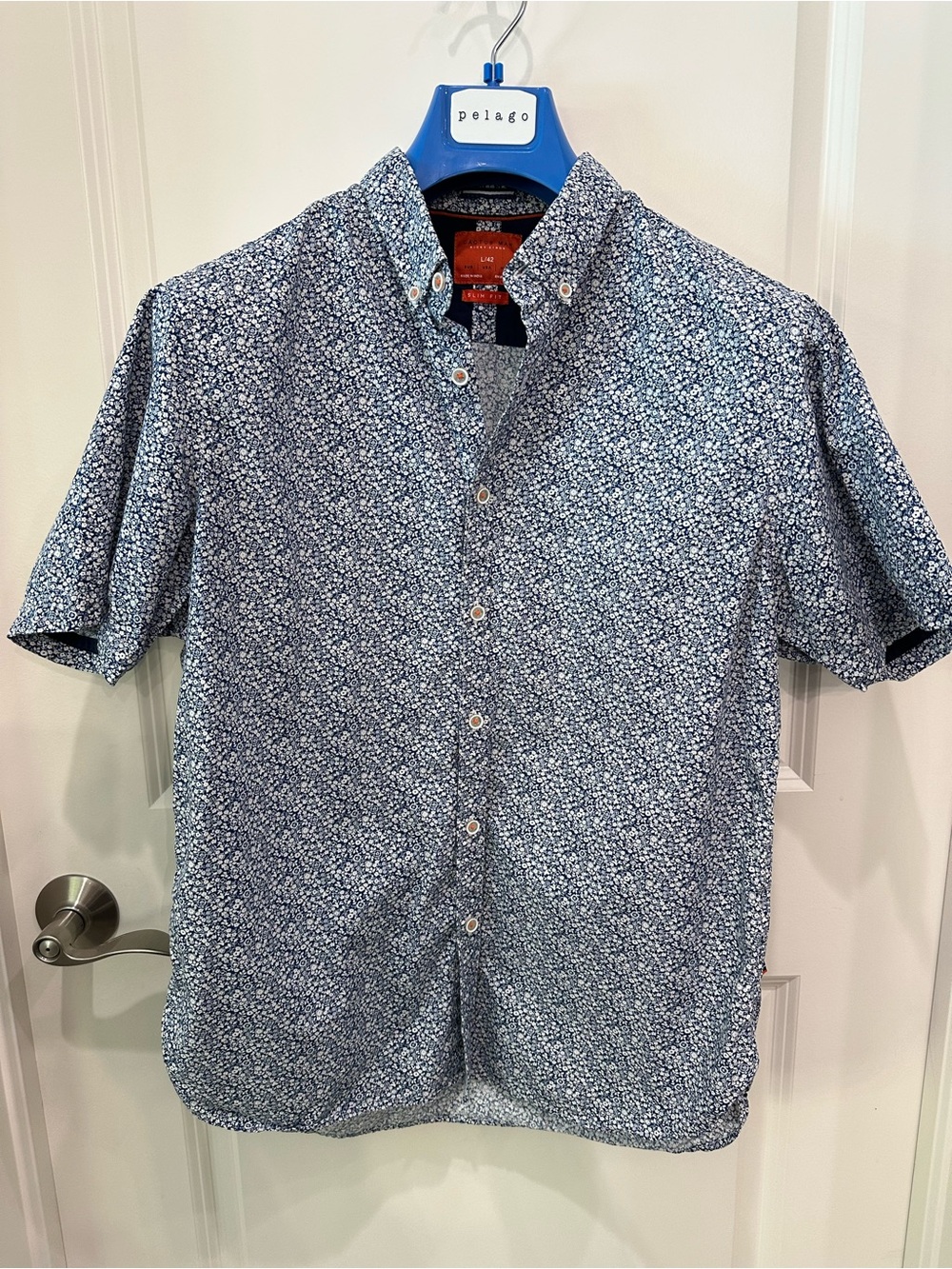 Short-Sleeve Button-Down Shirt with Navy Floral Print